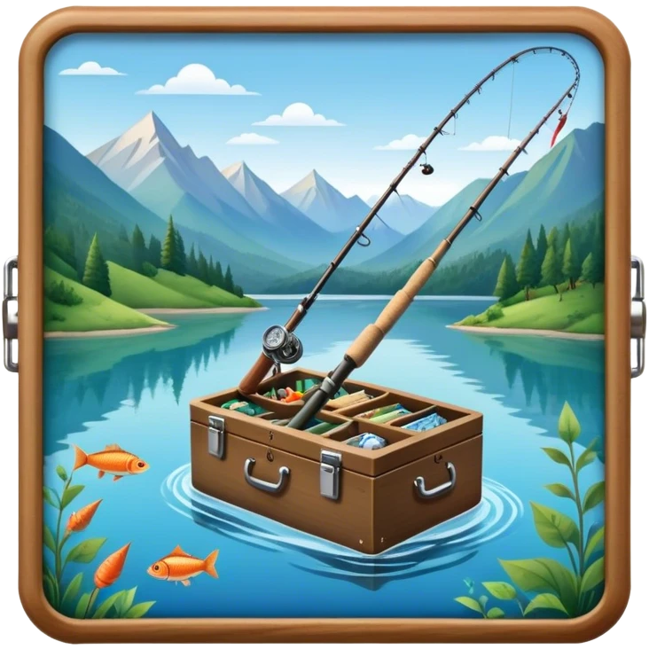 Icon for Fishing Travel: a fishing rod, tackle box and a boat on a calm lake surrounded by mountains and lush greenery, with fish jumping out of the water. The icon should capture the peaceful and adventurous nature of fishing trips. Transparent background. emoji