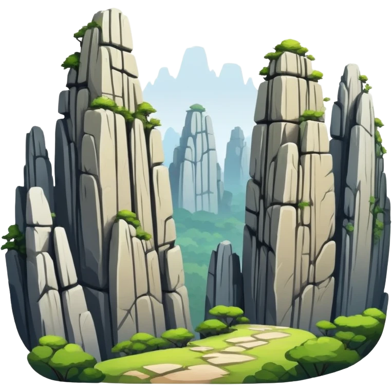 Kunming Stone Forest karst landscape Yunnan, simplified emoji style with bold outlines and bright colors, cartoon style tall rock formations emoji