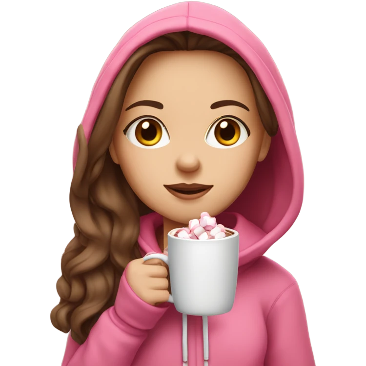 White girl with long brown hair drinking a hot chocolate with marshmallows and wearing a pink hoodie with a hood on emoji