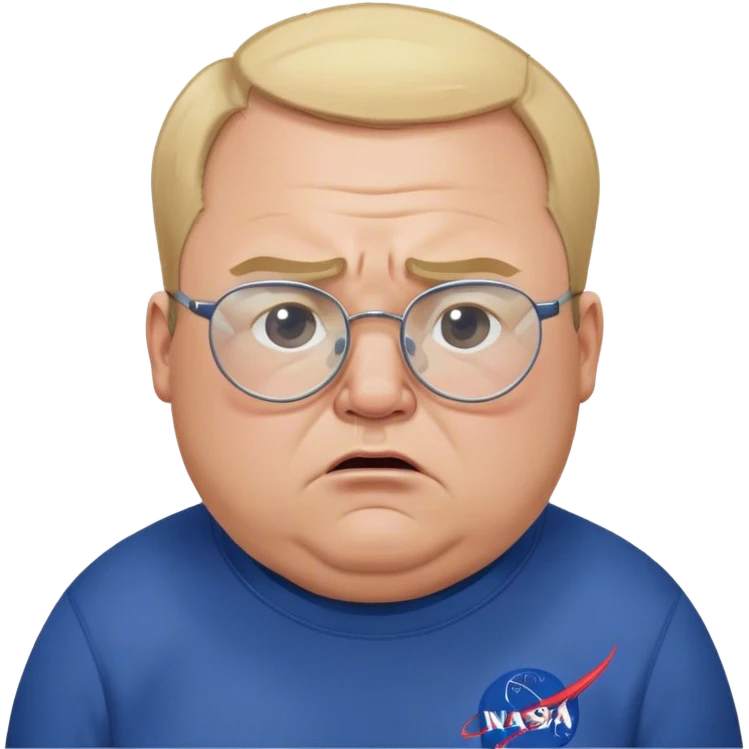 angry fat man, crying like a kid,  blond short and hight receding hairline, wearing a dark blue sweatshirt, nasa logo on the sweatshirt, round glasses without frame, 40 years old emoji