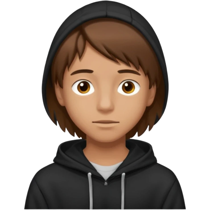 A teenage boy with brown straight hair and brown eyes and has a black hoodie and a tanned skin emoji