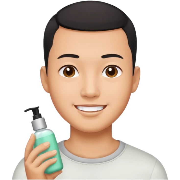 try different skincare products for chinese man with buzz cut (short black hair) doing skincare emoji