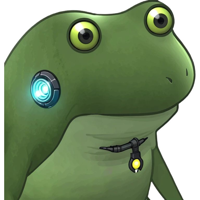 bufo robot with glowing eyes, robotic frog with LED eyes, green and silver colors, friendly look emoji