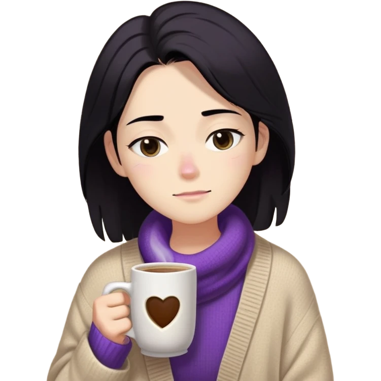 Gender: Non-binary Hair: Shoulder-length black hair with sleep-mussed texture Face: Half-closed eyes with purple under-eye bags Clothes: Oversized beige cardigan, mismatched socks Action: Clutching giant coffee mug labeled "第4杯" (4th cup) emoji