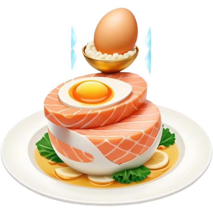 Floating plate with ethereal icons of golden egg, salmon fillet, bright chicken breast, and translucent tofu block, all orbiting a central double helix symbol, with soft light expanding towards a glowing muscular figure emoji