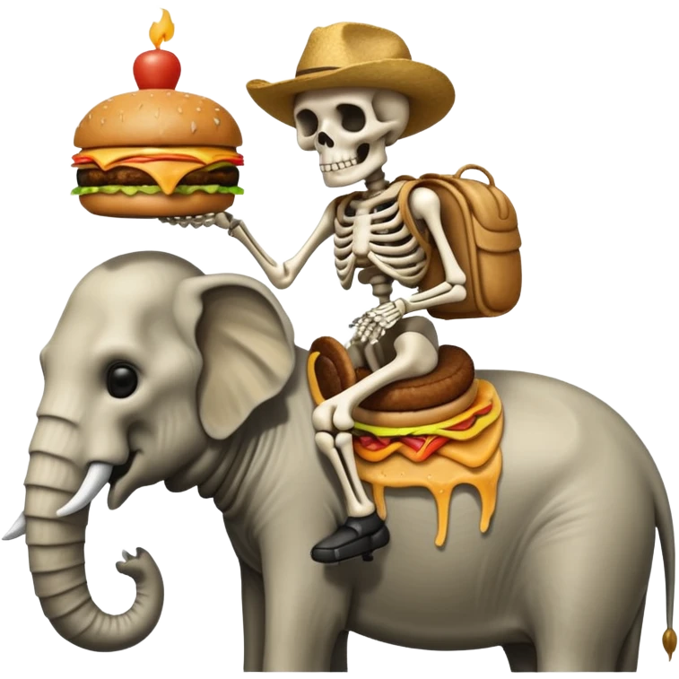 Skeleton Rider on elephant, eating burger. emoji