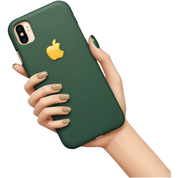 female hand with nude manicure (5 fingers) holding iPhone in dark green case, side angled view, minimalism, emoji style emoji