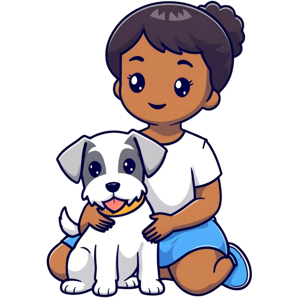 Black girl with short bangs holding a white schnauzer dog emoji