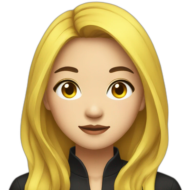 Female asian round face with black long untied yellow highlighted long hair in a black shirt emoji