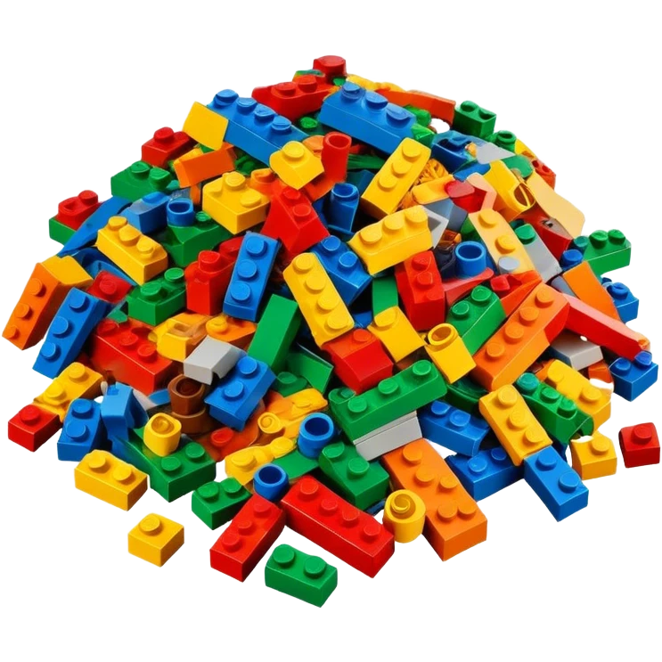 A photorealistic icon featuring a pile of colorful LEGO bricks scattered together in a messy heap. The design includes bright, detailed textures of the individual bricks, capturing the playful and creative essence of LEGO building. Transparent background, symbolizing LEGO construction. emoji