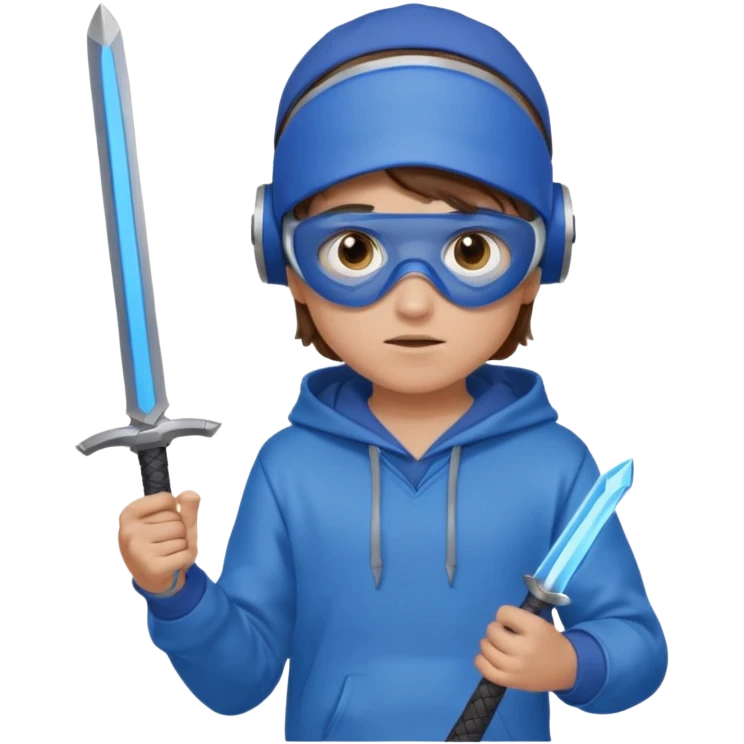 a boy with brown hair, a blue vr headset. a blue hoodie and a blue sword and show the hair emoji
