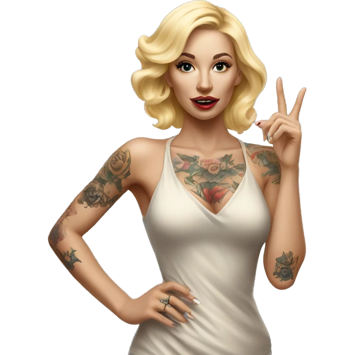 Blonde elegant women, her Body Covered with Tattoos, POINTING YOU with her HAND , Hyper realistic emoji