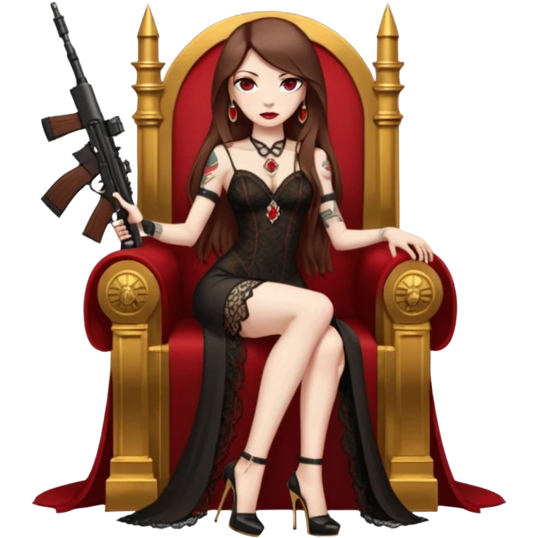 Lilith female red eyes symbol. Tattoo arms. Her hair is brown straight long hair.wearing sexy long  lace dress with slit. black stiletto platform high heels shoes on. Sitting on gold throne with rubies sniper rifle in one hand cash in other hand emoji