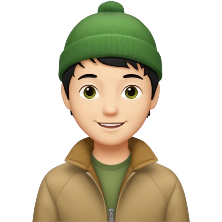 young man with longish pixie cut black hair, tan complexion, green beenie hat, tan jacket, pork chop sideburns emoji