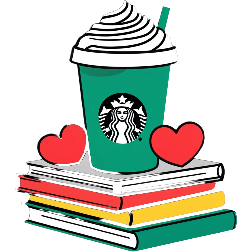 Starbucks, pile of books,hearts emoji