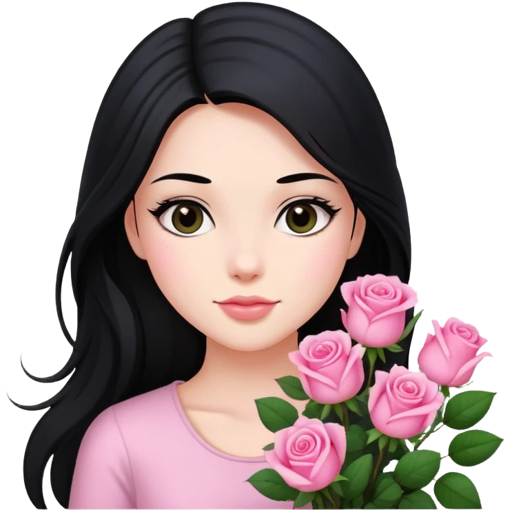 A beautiful girl with long black hair holding a bouquet of pink roses emoji