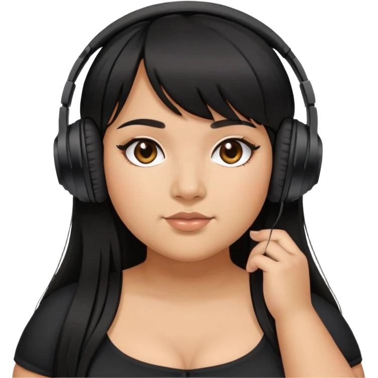 Latina girl with bangs black long hair plus size black dress with headphones emoji