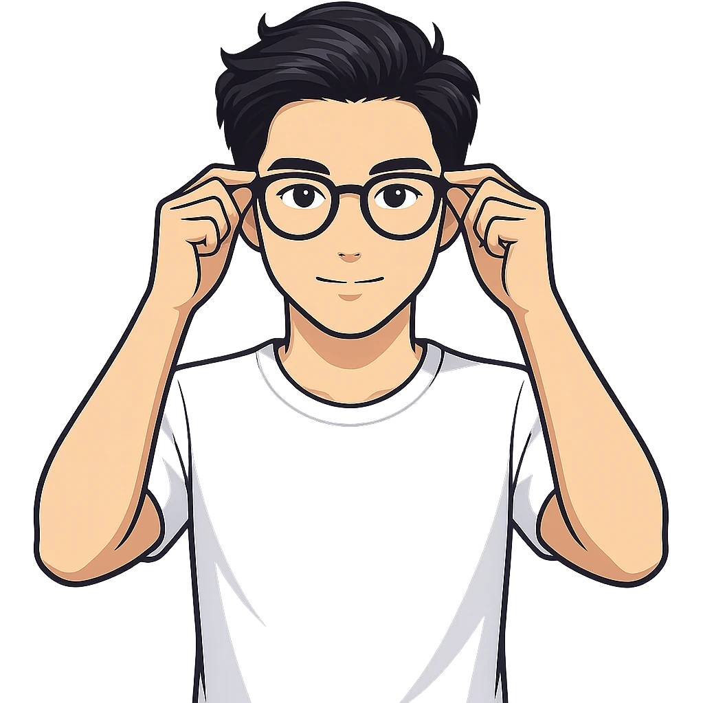 Change to a different, stylish hairstyle for a young and handsome Asian man with black coffee colored hair, wearing a white T-shirt, black framed glasses, holding glasses, very smart. Keep the cartoonish sticker style look but use the general editor as sticker style does not support editing. Remove background. emoji