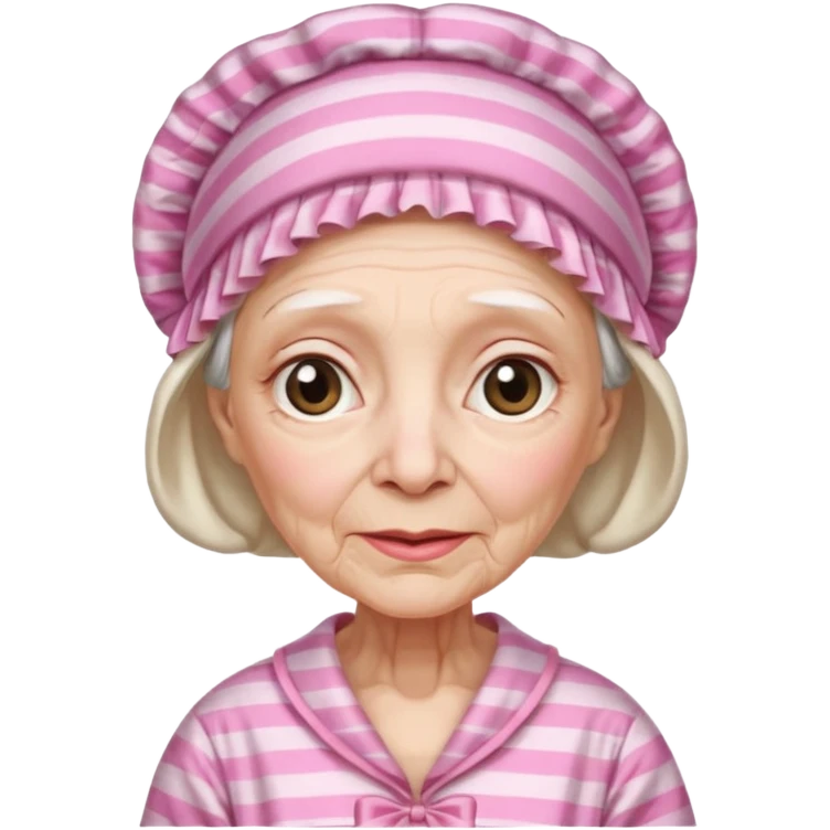 sick old woman with pink striped night gown, pink night bonnet on her head emoji