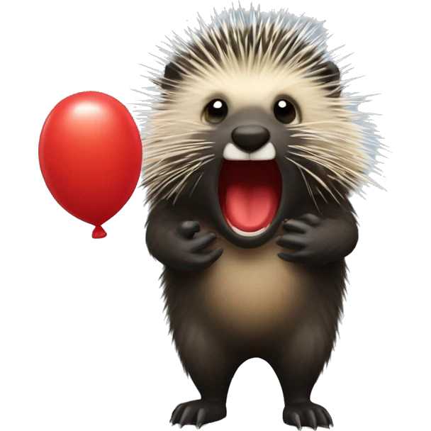 Small porcupine holding a big red balloon in his mouth emoji