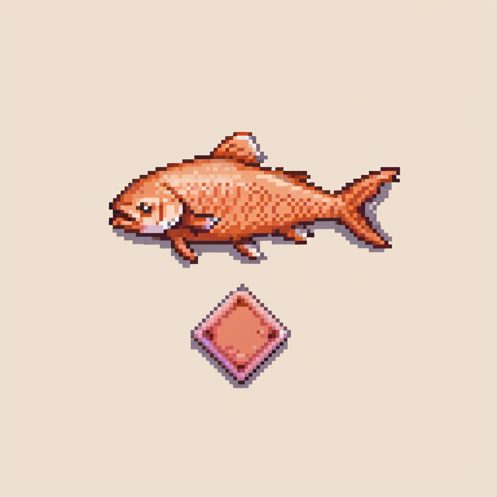 Minecraft salmon fish item texture, eye pointing down-left at 45-degree angle, orange-pink color, simple square texture, pixel art style emoji