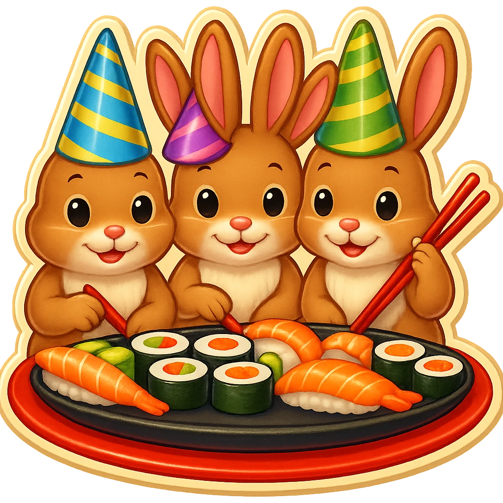Add a fourth bunny so there are four bunnies together, all clearly visible, eating sushi at a birthday party, vibrant, festive emoji style, preserve the background transparency. emoji