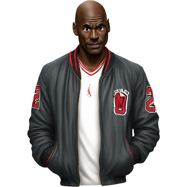 Michael Jordan in a jacket holds his head and is sad photorealistic serious emoji