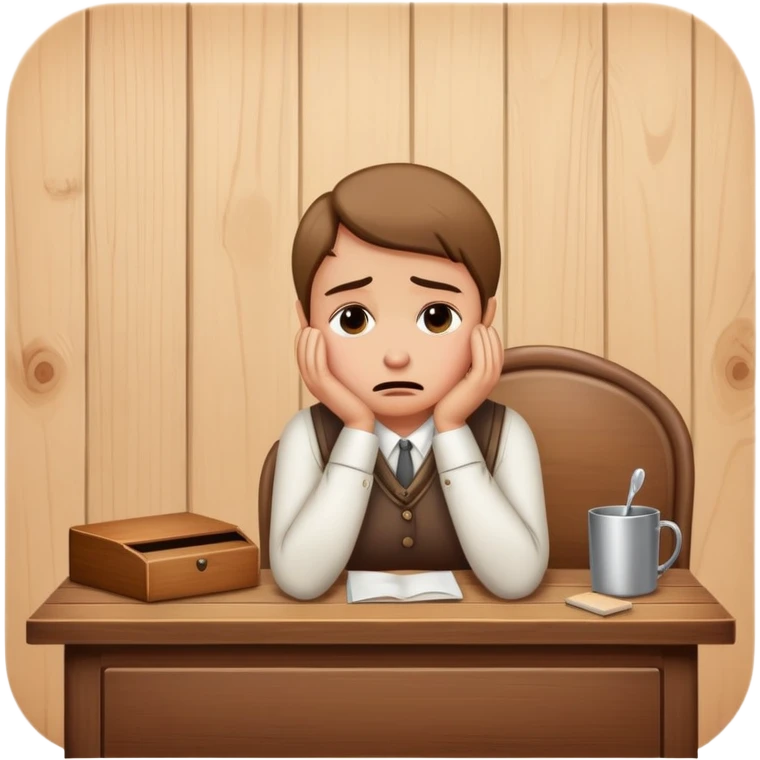 person sitting at a vintage wooden desk crying emoji