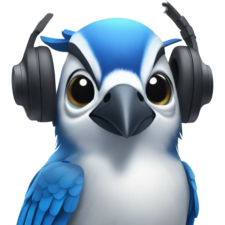 blue jay listening to music on headphones with a happy face emoji