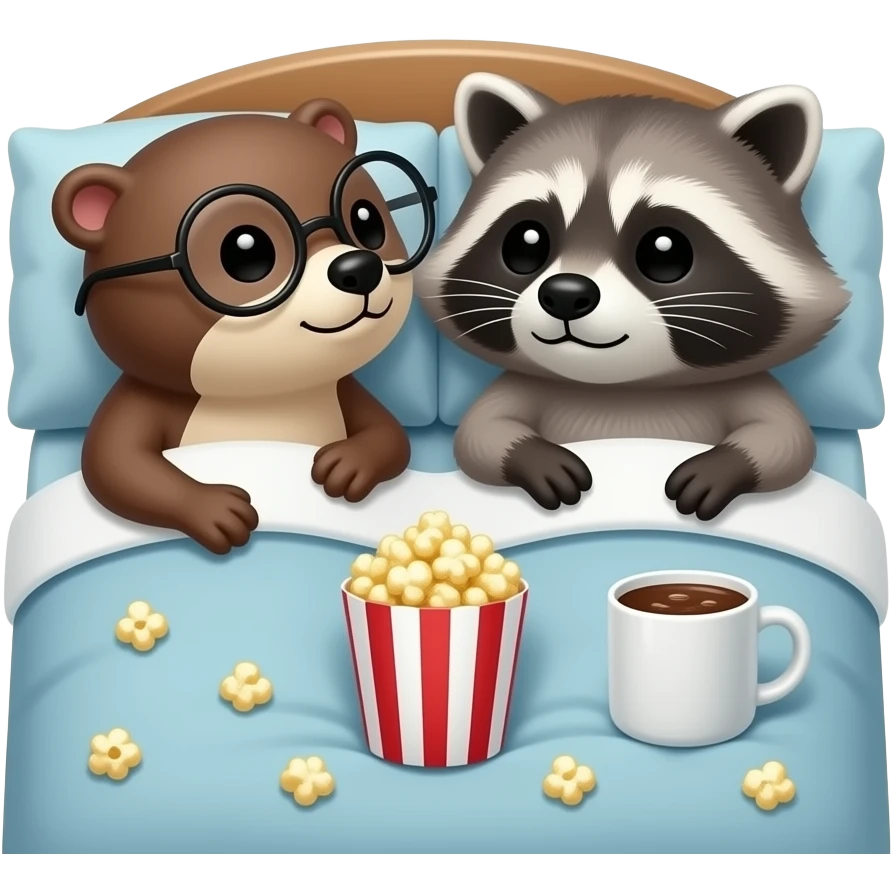 an otter with round glasses kissing raccoon making a kiss face with popcorn and a mug of hot chocolate in bed emoji