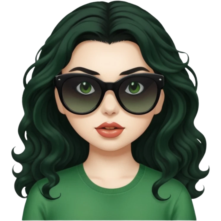 current charli xcx with her long black wavy hair, thick black sunglasses, pale skin, and a green top that said brat in the brat font. emoji