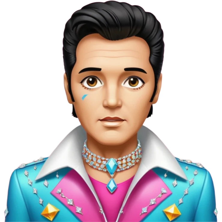 synthwave aesthetic brilliant divine lighting, oil paint  -  An aging Elvis Presley in a glamorous costume with a collar encrusted with diamonds emoji