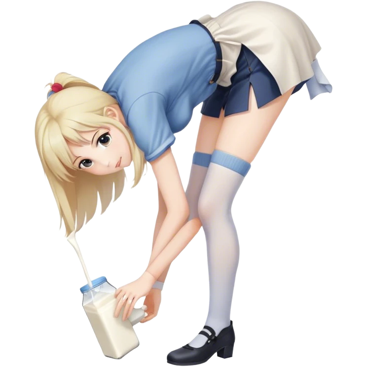 Anime girl in thigh-high stockings, bending over slightly while reaching for a milk carton. Simple and cute pose, casual outfit, soft shading, warm and inviting atmosphere. emoji