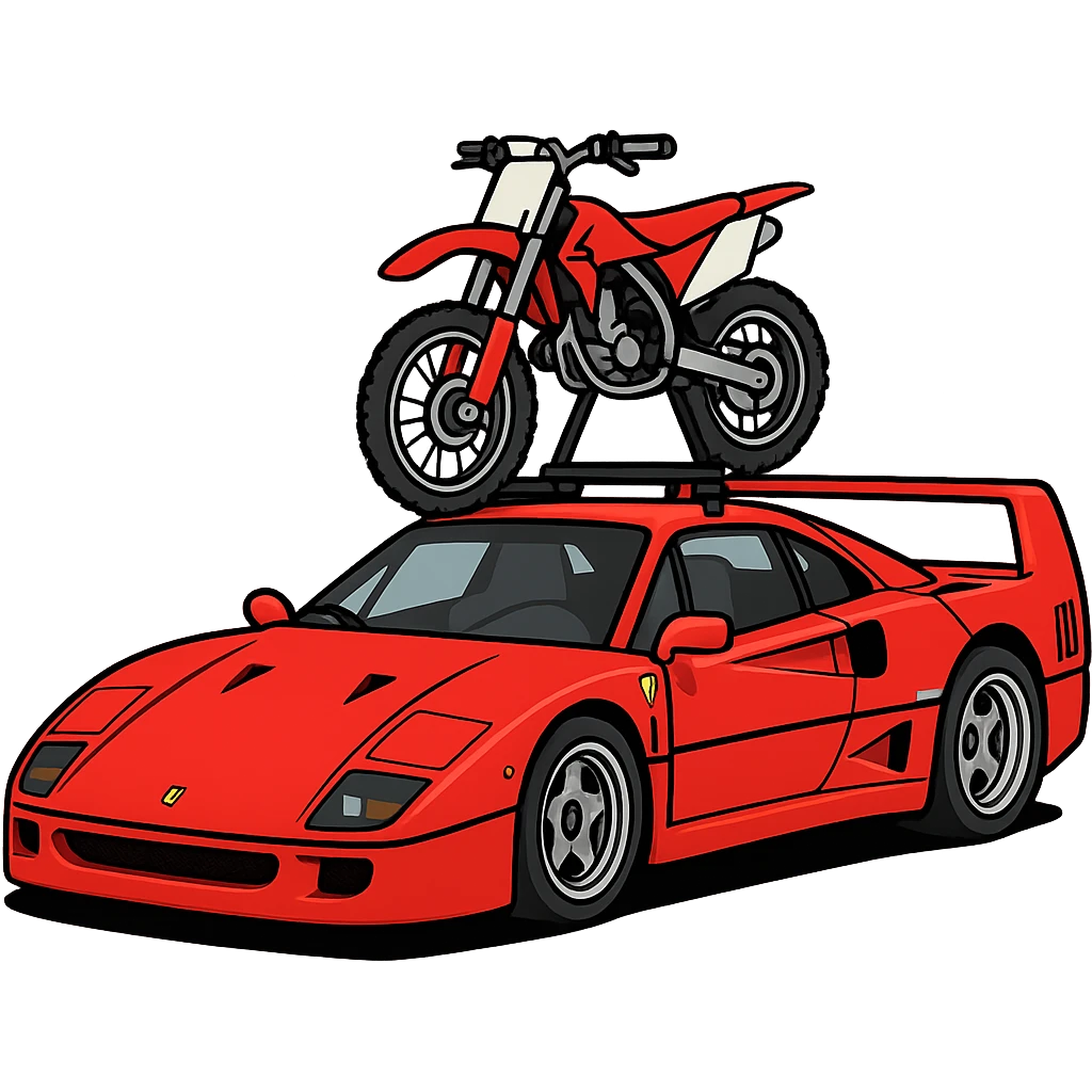 A cartoonish Ferrari F40 with a 125cc dirt bike on a visible roof rack, dirt bike to proper scale, transparent background emoji