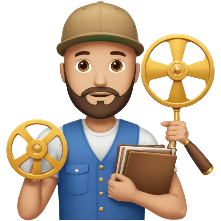 Strong bald man with beard and snapback, giant Instagram reel icon, stack of golden documents, trophy, minimal emoji emoji