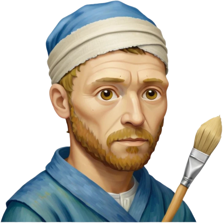 van gogh paints on a canvas. right ear is bandaged. emoji