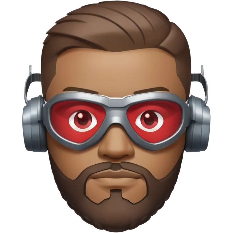 sam wilson with very short, neatly cropped and a well-groomed beard that connects to his mustache,  wear sleek, red-tinted tactical goggles fit snugly from captain america: civil war emoji