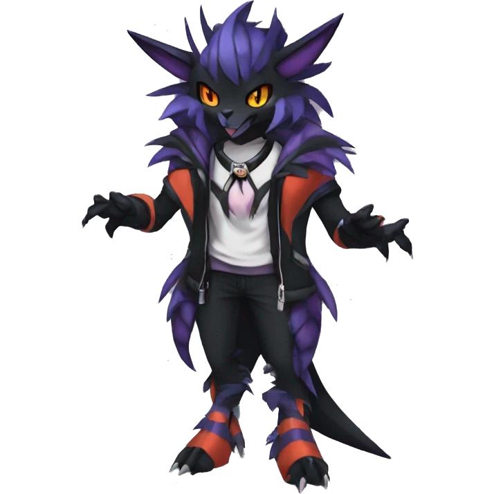 Cool Anthro Black Noivern-Absol-Litten-Pokémon with edgy stripes hoodie spiked collar punk Full Body emoji