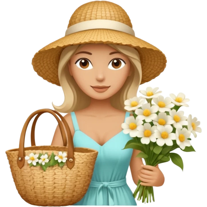 summer beautiful wicker hat, beach beige bag and bouquet of white flowers emoji