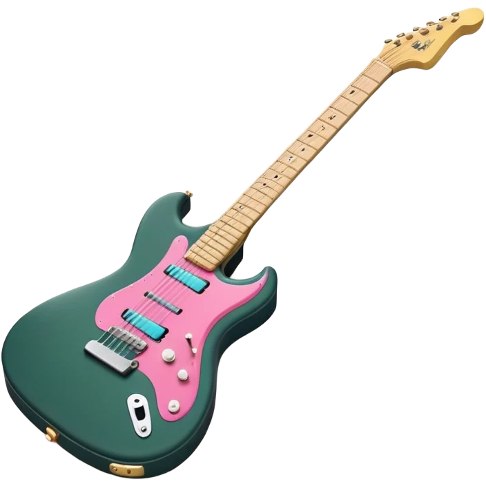 minimalist electric guitar in dark green with pink and blue stripe decal, closed inside a black rectangular hard case with gold latches, flat semi-3D style, soft matte textures, simplified details, stylized decal accent, ready-to-play symbol emoji