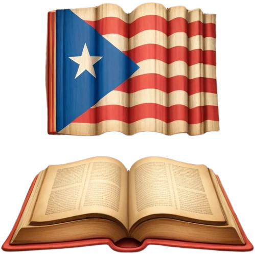 Ancient book with Puerto Rican flag subtly integrated on cover, carved wooden theater curtains symbol, warm vintage textures, soft glow representing timelessness and theatrical design heritage emoji