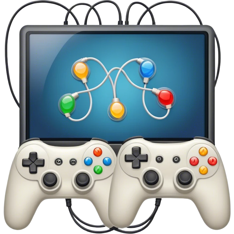 An icon showing two monitors with gaming interfaces, connected by a wire. Each monitor displays a different game screen, with two gamepads placed nearby, symbolizing multiplayer gameplay. transparent background. emoji