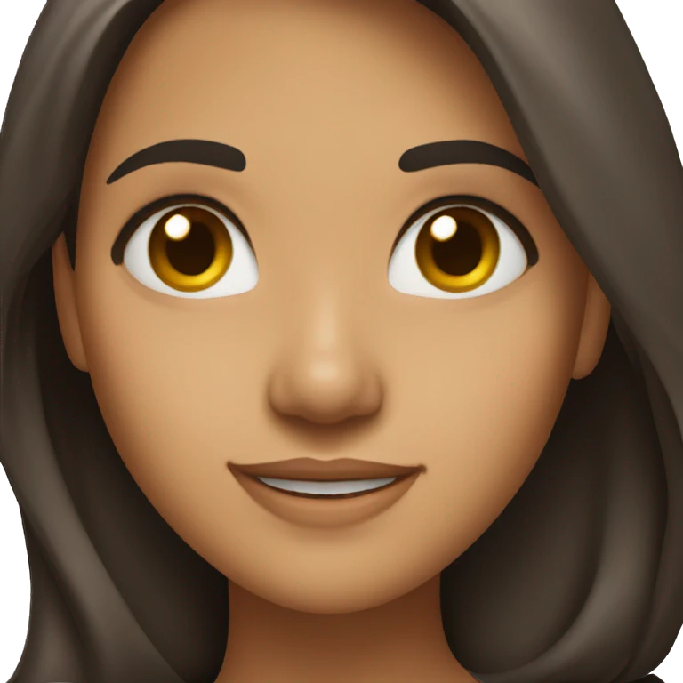 A young woman with long dark brown hair smiling and content emoji