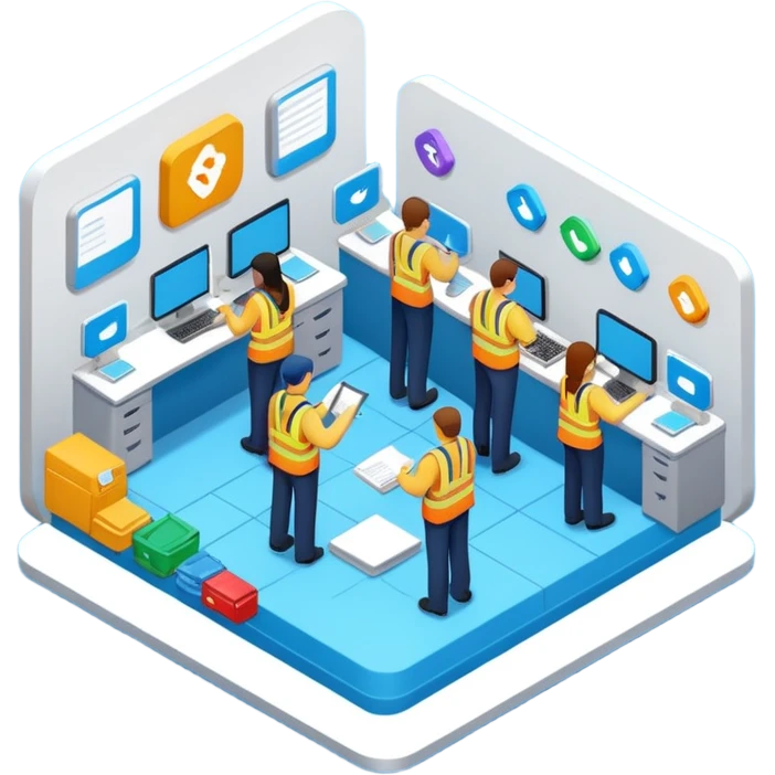 isometric, image of employee services, case management, crew operations integrating together as processes and systems emoji