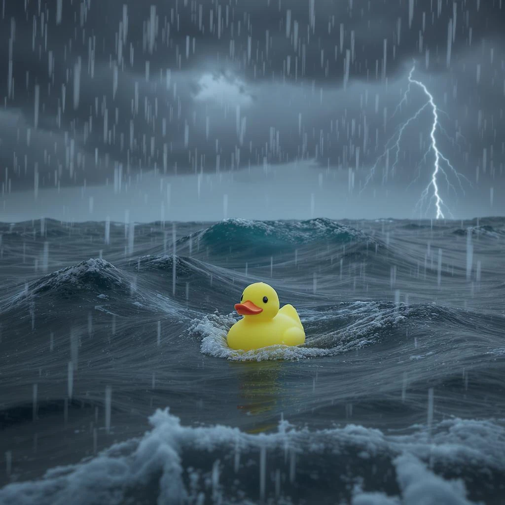 Cinematic still, Extreme Closeup shot of Yellow duck toy on ocean during storm, Camera from top, inspired by interstellar emoji