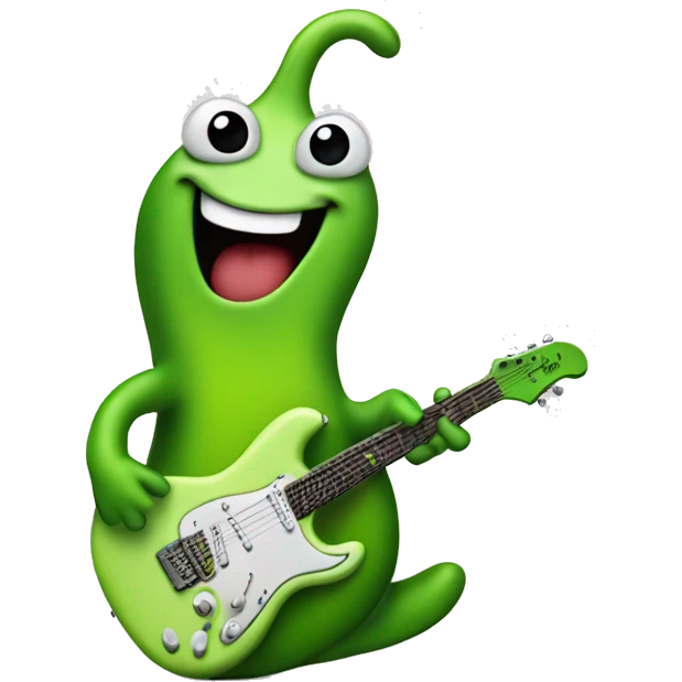 Happy green slug playing electric guitar emoji