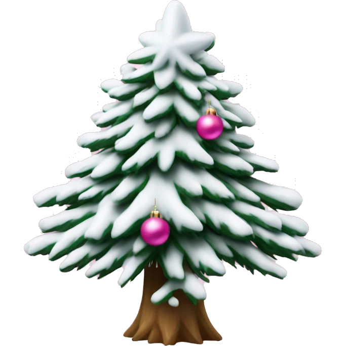 Snow covered pine Christmas tree with pink ornaments and snowflake star emoji