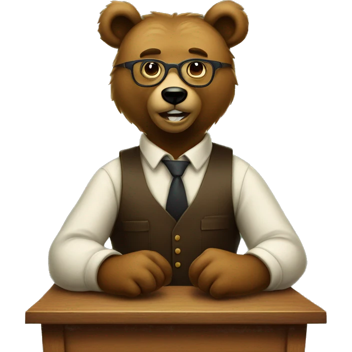 bear wearing glasses sitting in front of old school desk with suspenders emoji