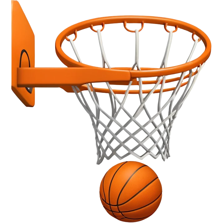 A close-up of a basketball shield and hoop with the ball swishing through the net, captured mid-air. The background emphasizes the tension and excitement of the moment, with the rim and net in sharp focus, showcasing the precision and skill of the sport. emoji
