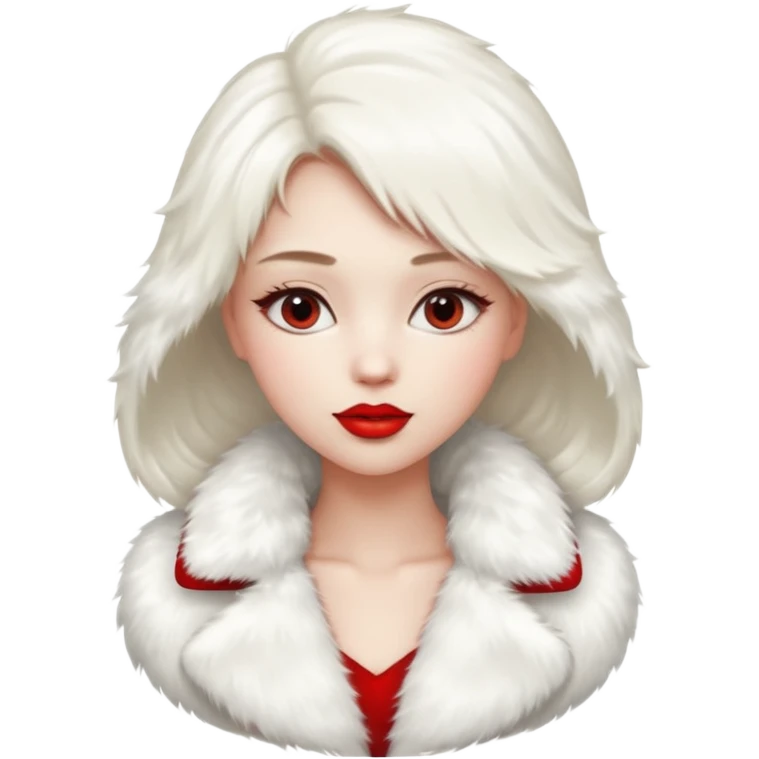 A beautiful, cute girl with red lipstick on her lips in a white fur coat,  in full view emoji